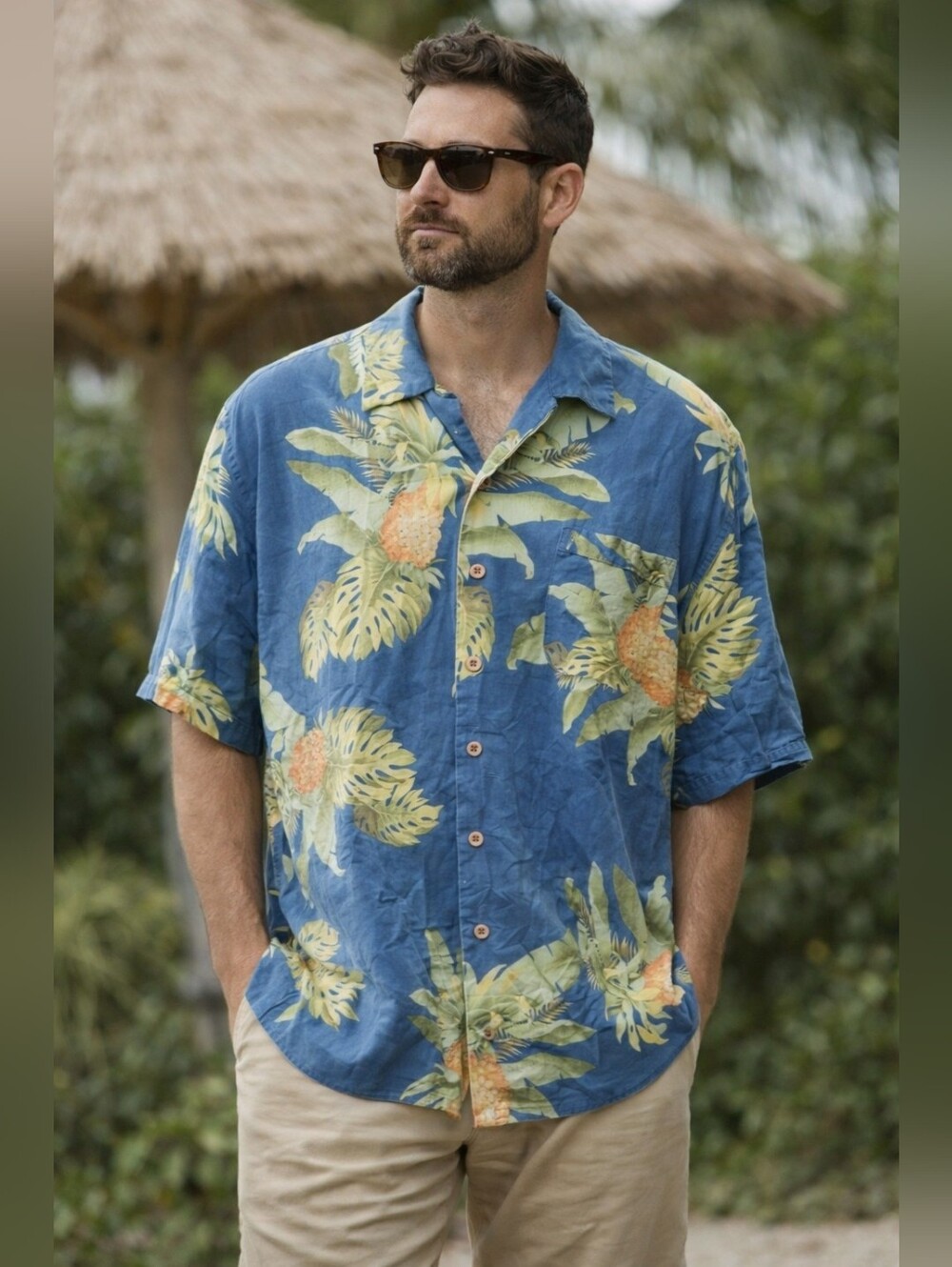 Mens VTG Jamaica Jax 100% Silk Shirt Hawaiian Blue Floral Button-Up Shirt. L